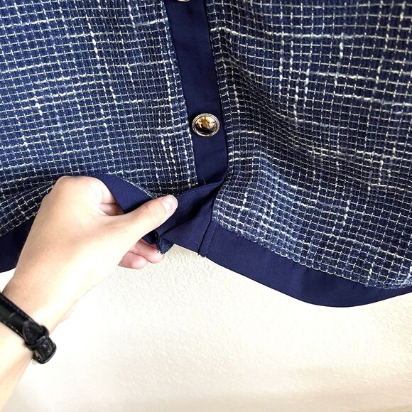 Voy Blue Tweed V-Neck Dress with Contrast Ribbon and Flutter Sleeve Sz S - Picture 6 of 11